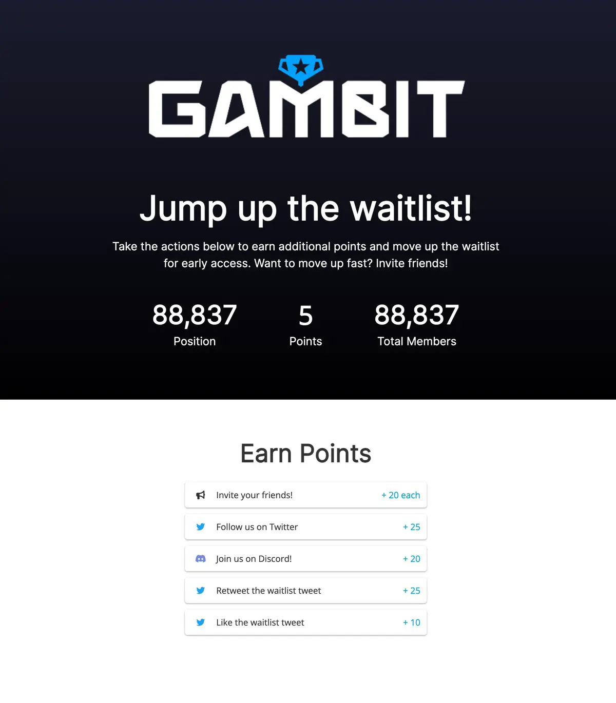 Gambit waitlist status page