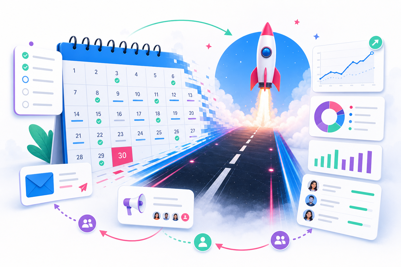 30-day launch plan calendar and rocket illustration