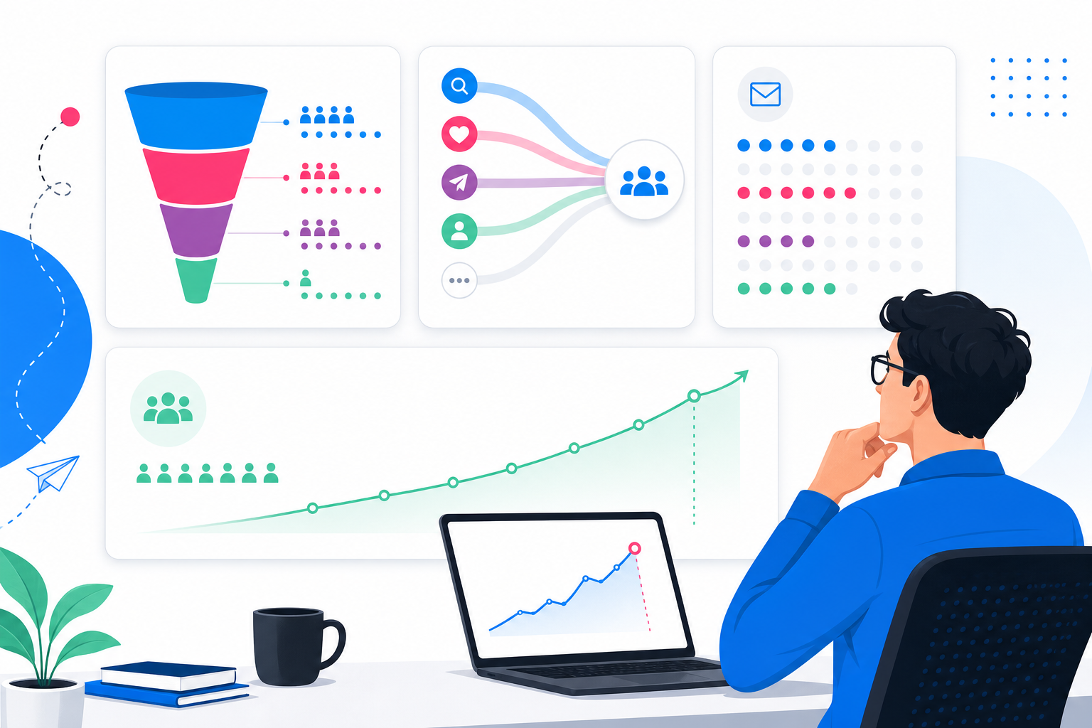 Branded analytics dashboard showing launch funnel, referrals, and email performance