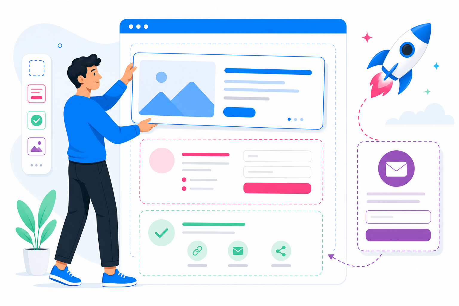 Branded pre-launch landing page blocks with signup and share steps