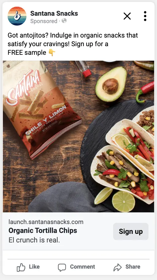 Santana Snacks 30 cents per lead fb ad