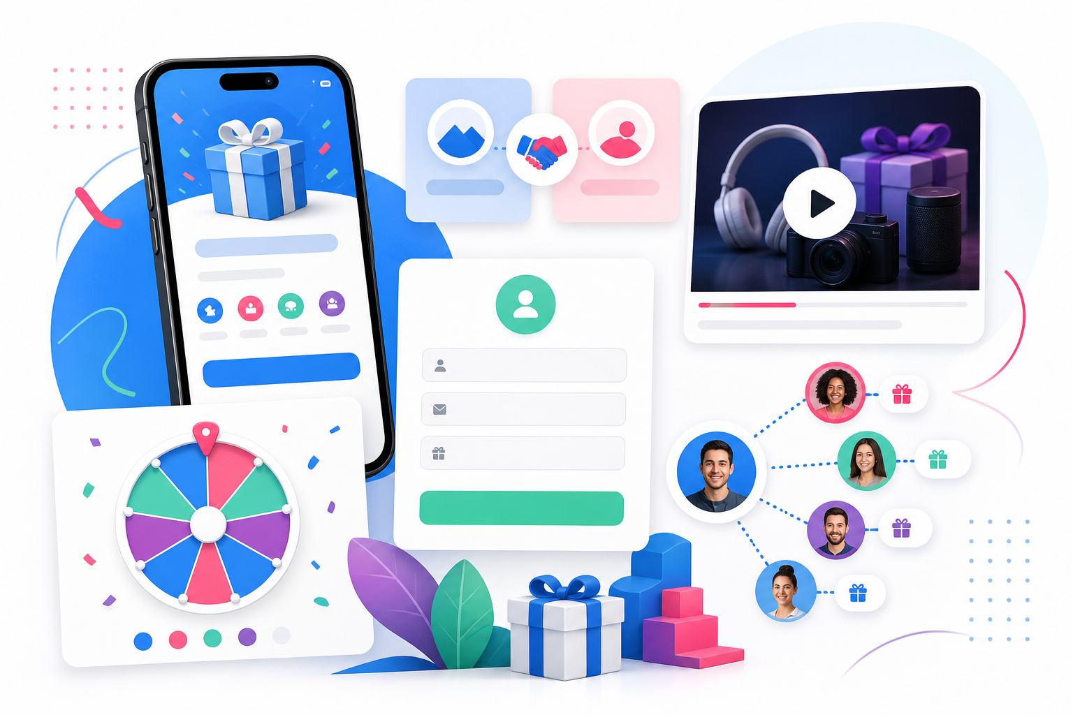 Abstract collage of giveaway mechanics: mobile entry form, partner cards, video tile, referral nodes, and winner picker.