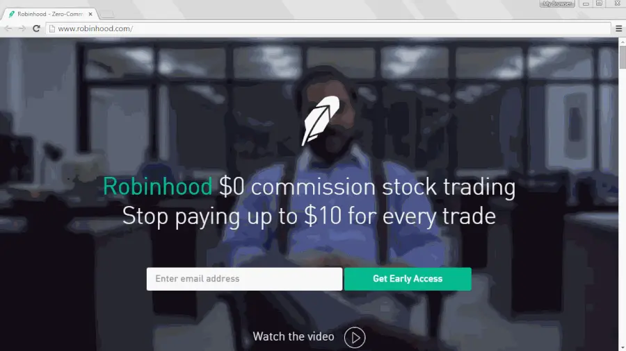 Archived Robinhood signup page with commission-free stock trading headline, email field, and Get Early Access button