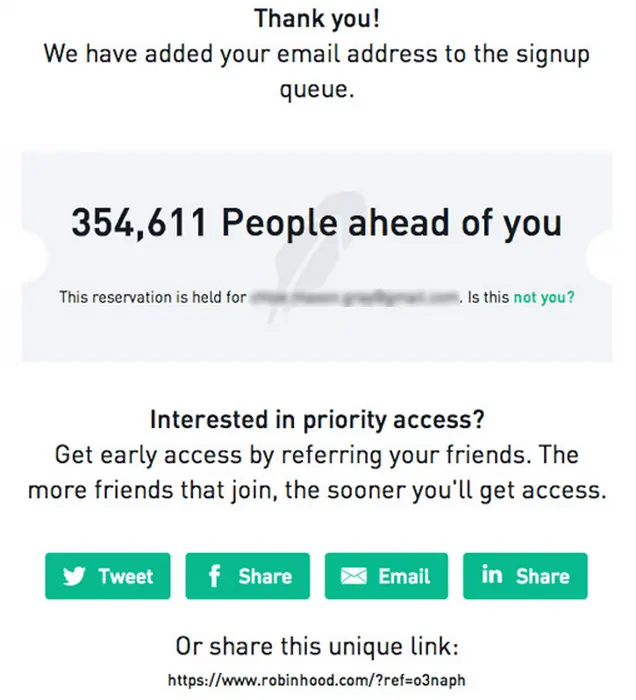 Archived Robinhood status page showing queue position, priority-access referral ask, and sharing controls