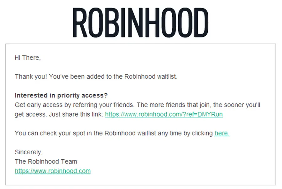 Archived Robinhood confirmation email with priority-access referral link and check-your-spot link