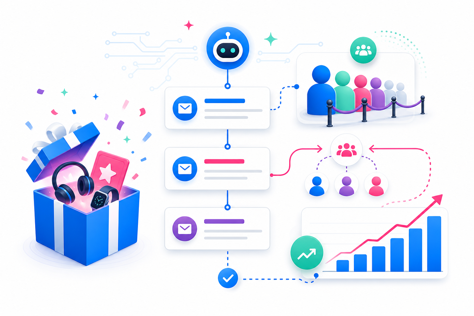 AI email automation cards flowing into a giveaway prize box and waitlist campaign dashboard in KickoffLabs blue and pink