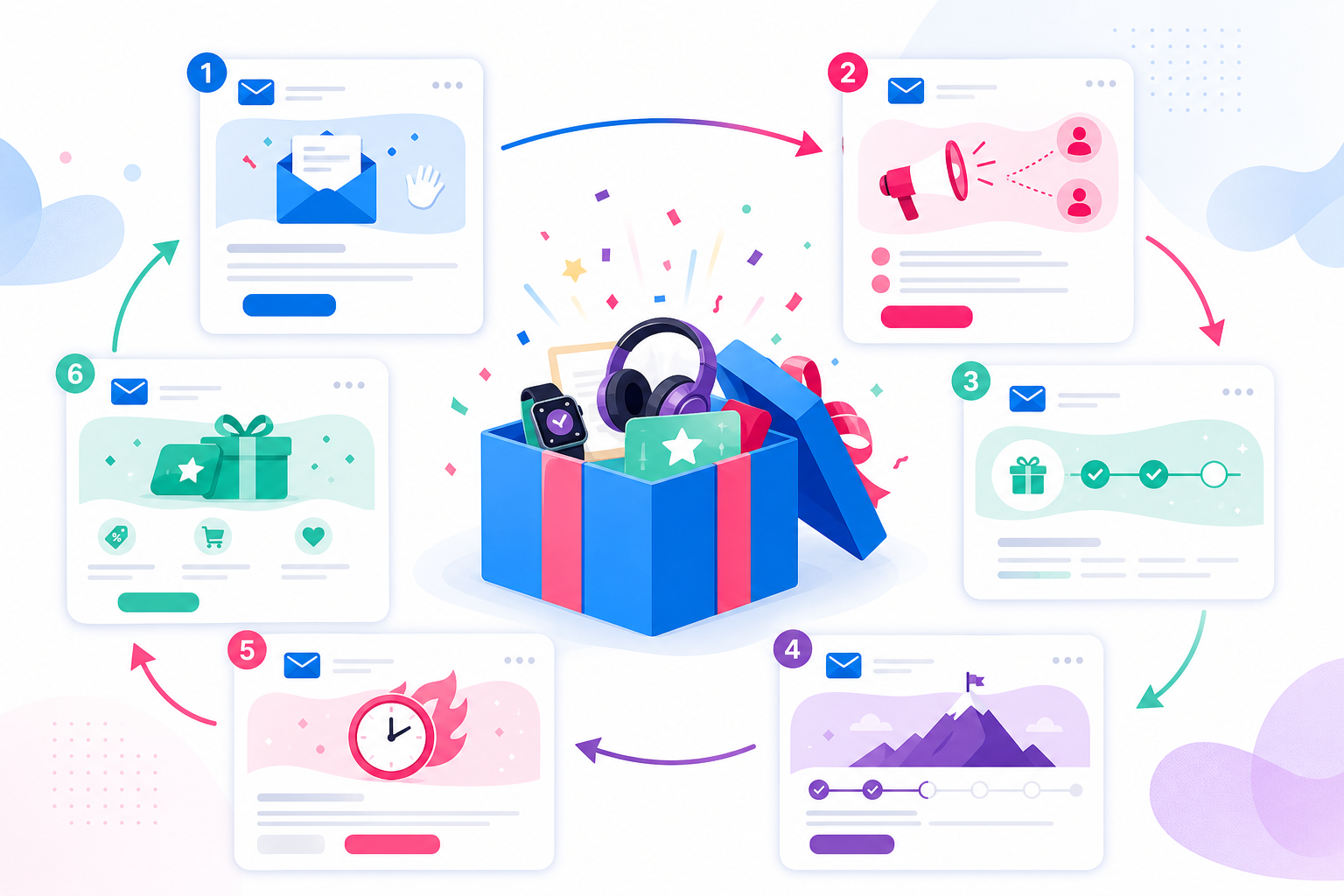 Branded six-email giveaway sequence flowing around a prize box and referral loop