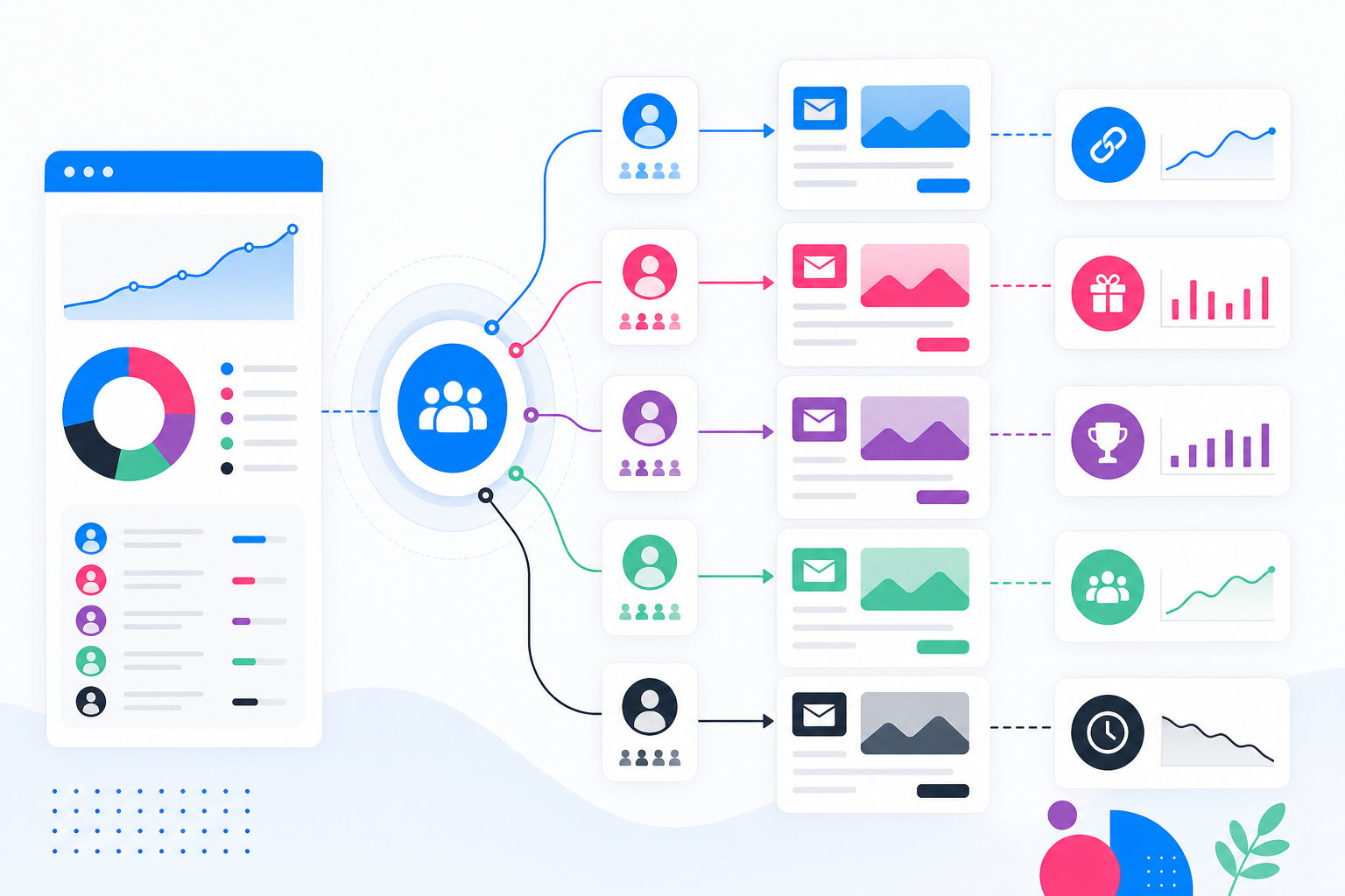 Branded segmentation engine connecting audience groups to personalized campaign emails and real referral data