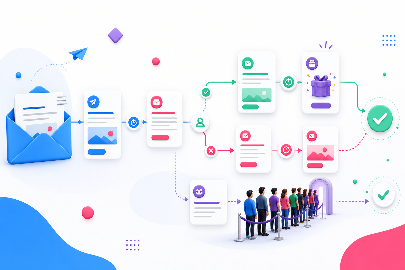 Lifecycle path showing signup, referral, reward progress, reminder, winner or launch day, and post-campaign nurture stages