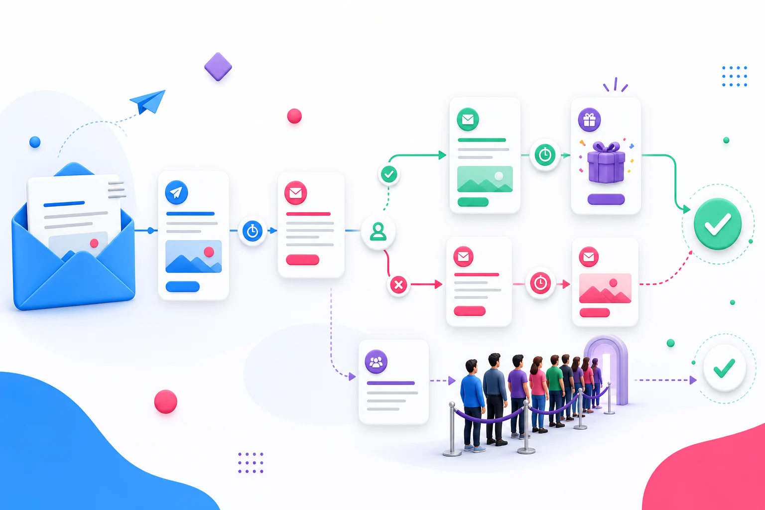 Lifecycle path showing signup, referral, reward progress, reminder, winner or launch day, and post-campaign nurture stages