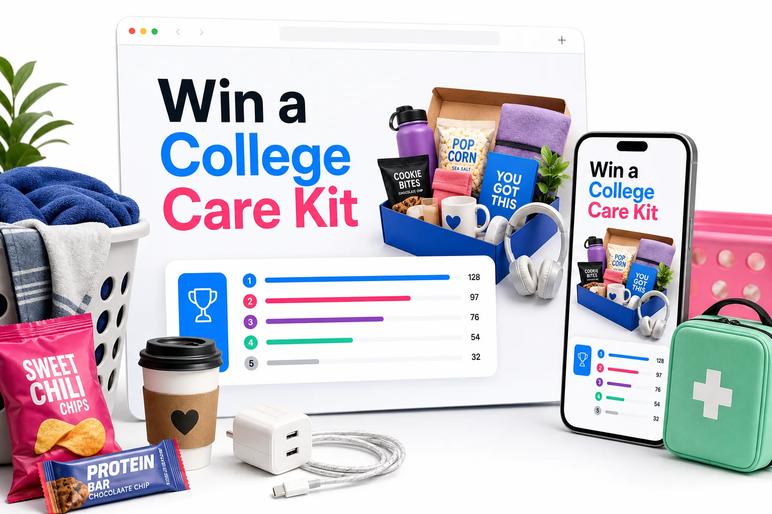 Example KickoffLabs referral giveaway landing page mockup for a college care package campaign