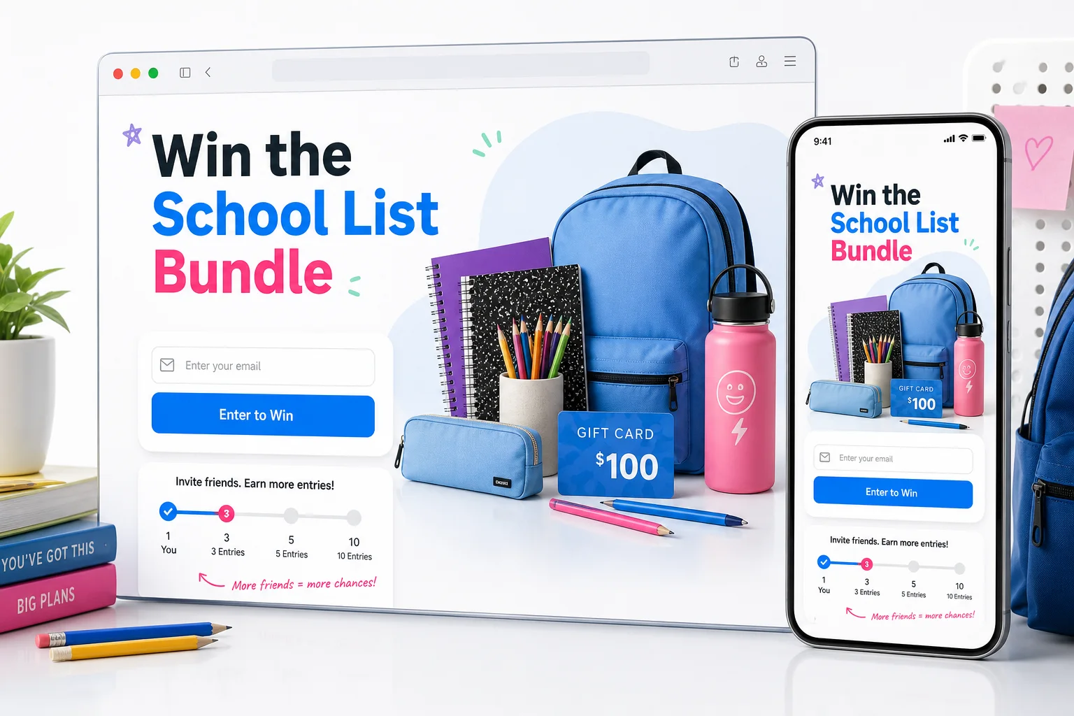 Example KickoffLabs back-to-school landing page mockup for a school supplies bundle giveaway