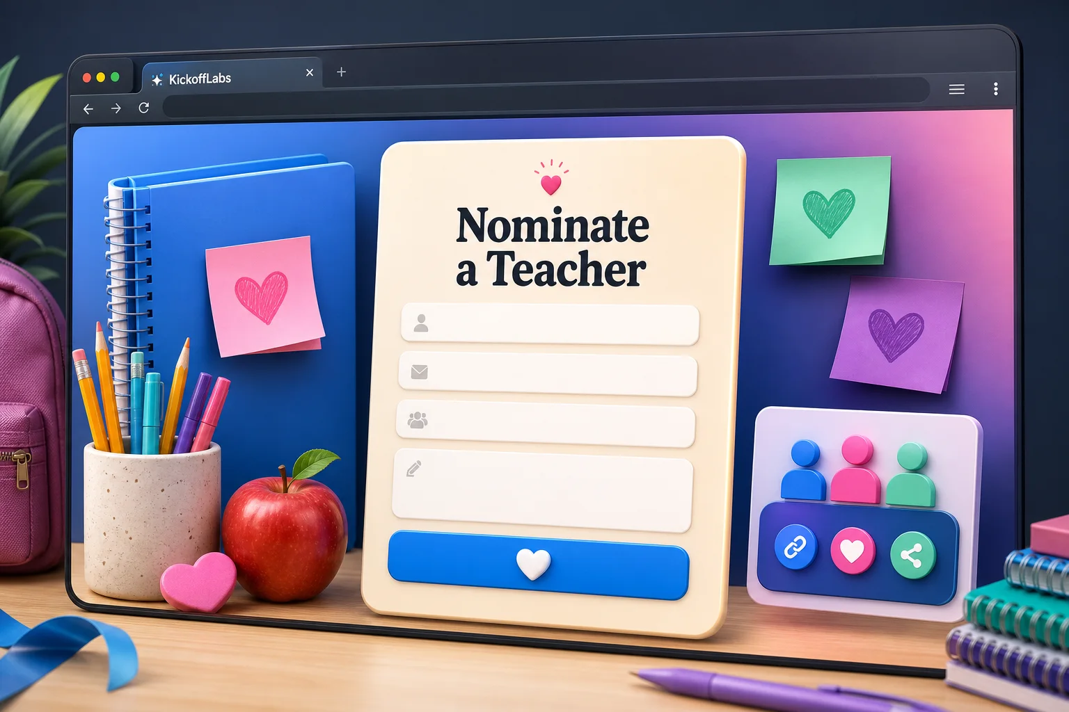 Example KickoffLabs nomination contest landing page mockup for a teacher appreciation campaign