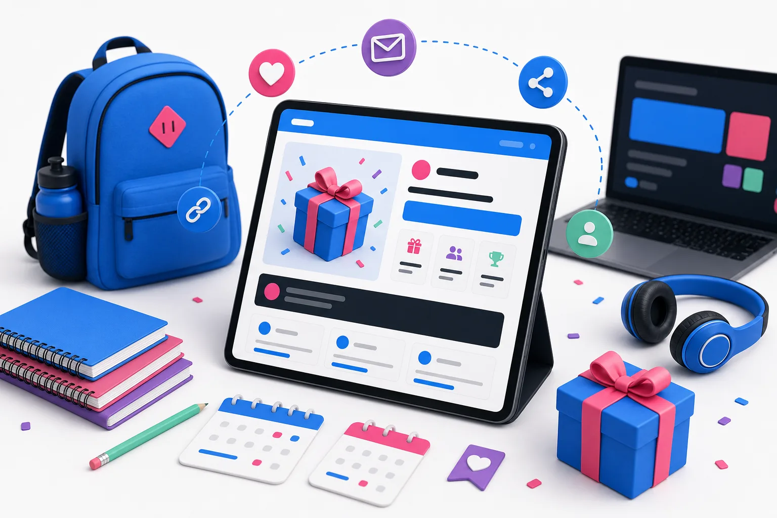 Back-to-school giveaway landing page concept with school supplies, a gift, and referral icons