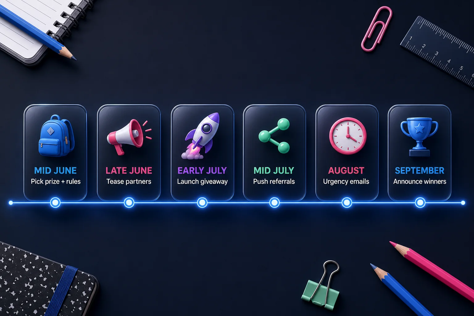 Back-to-school giveaway campaign timeline with four connected calendar stages and seasonal prize icons