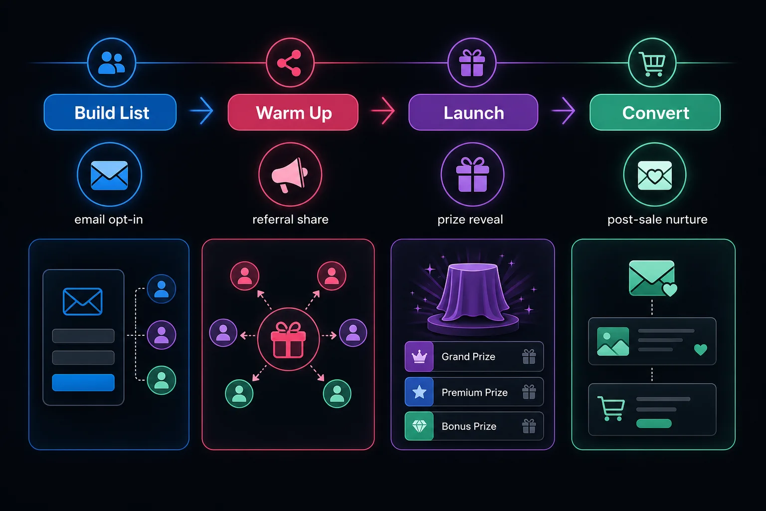 A dark KickoffLabs infographic showing the BFCM giveaway flow: Build List, Warm Up, Launch, Convert