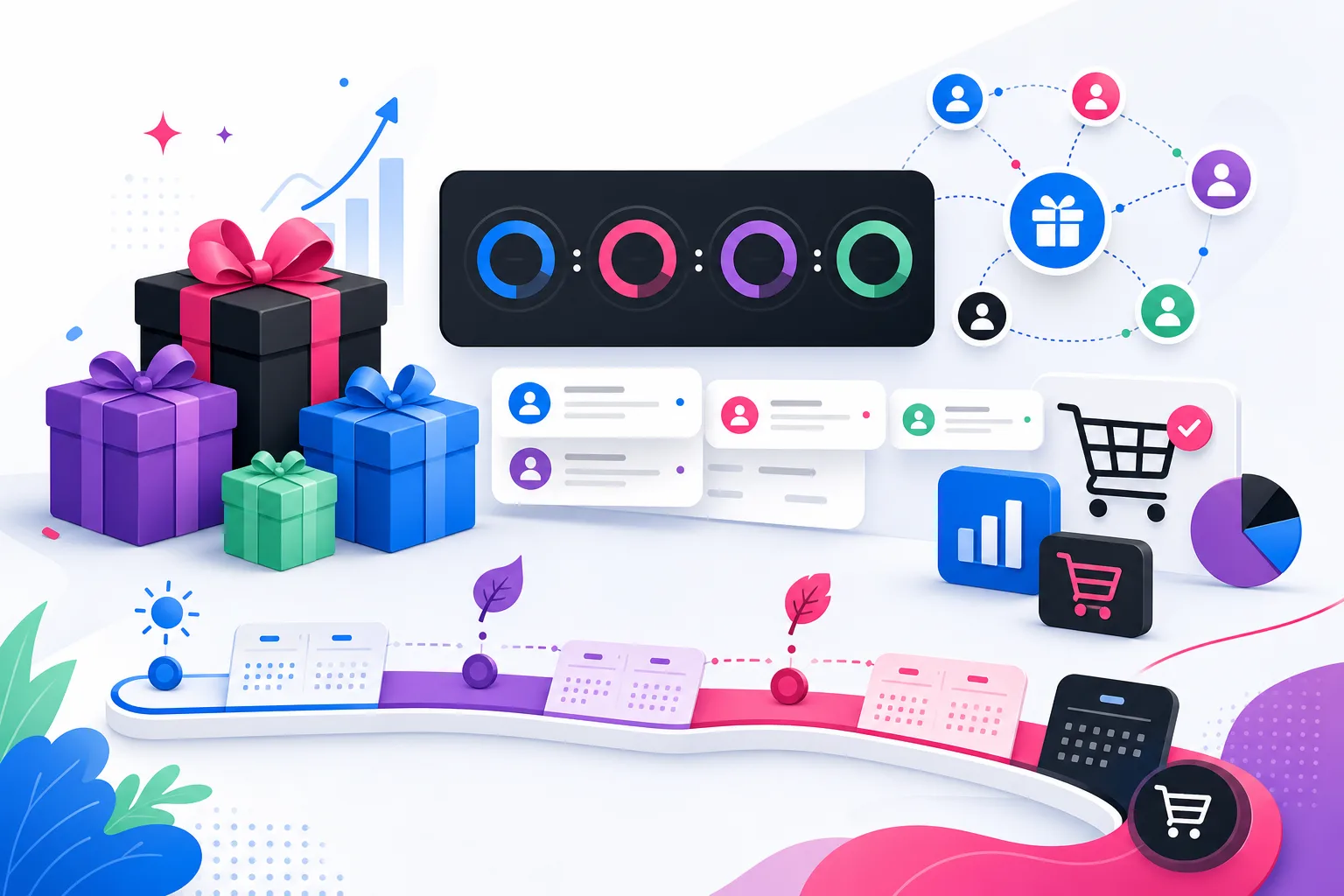 A KickoffLabs-style ecommerce command center with gift boxes, referral nodes, email cards, shopping carts, and a holiday campaign timeline