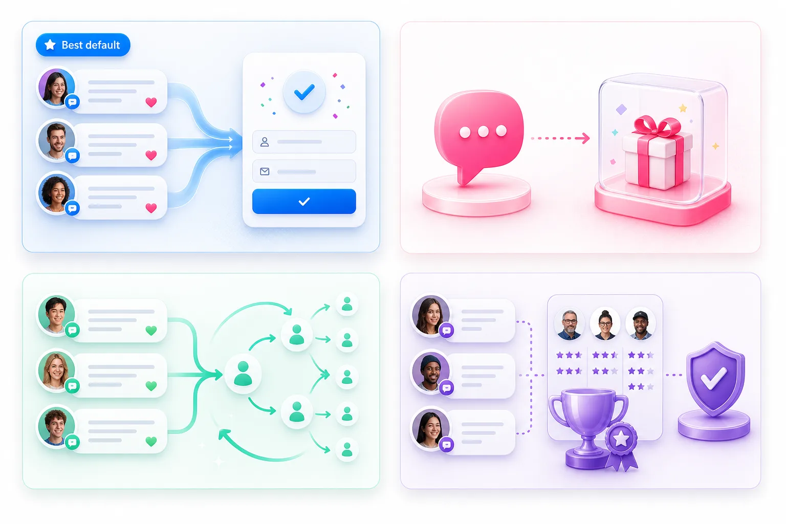 Four comment giveaway formats: comment-to-enter with landing-page confirmation, comment-only micro giveaway, referral bonus entries, and judged entries.