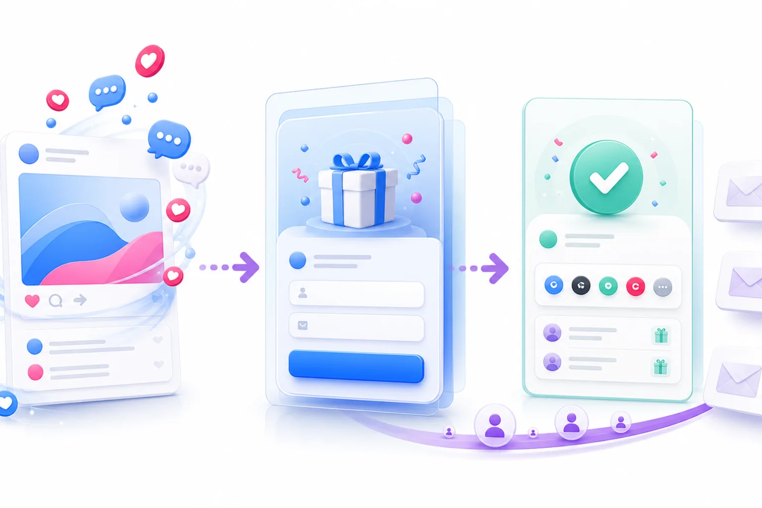 A KickoffLabs-style visual showing social comments moving into a landing page, email capture, referral sharing, and follow-up.