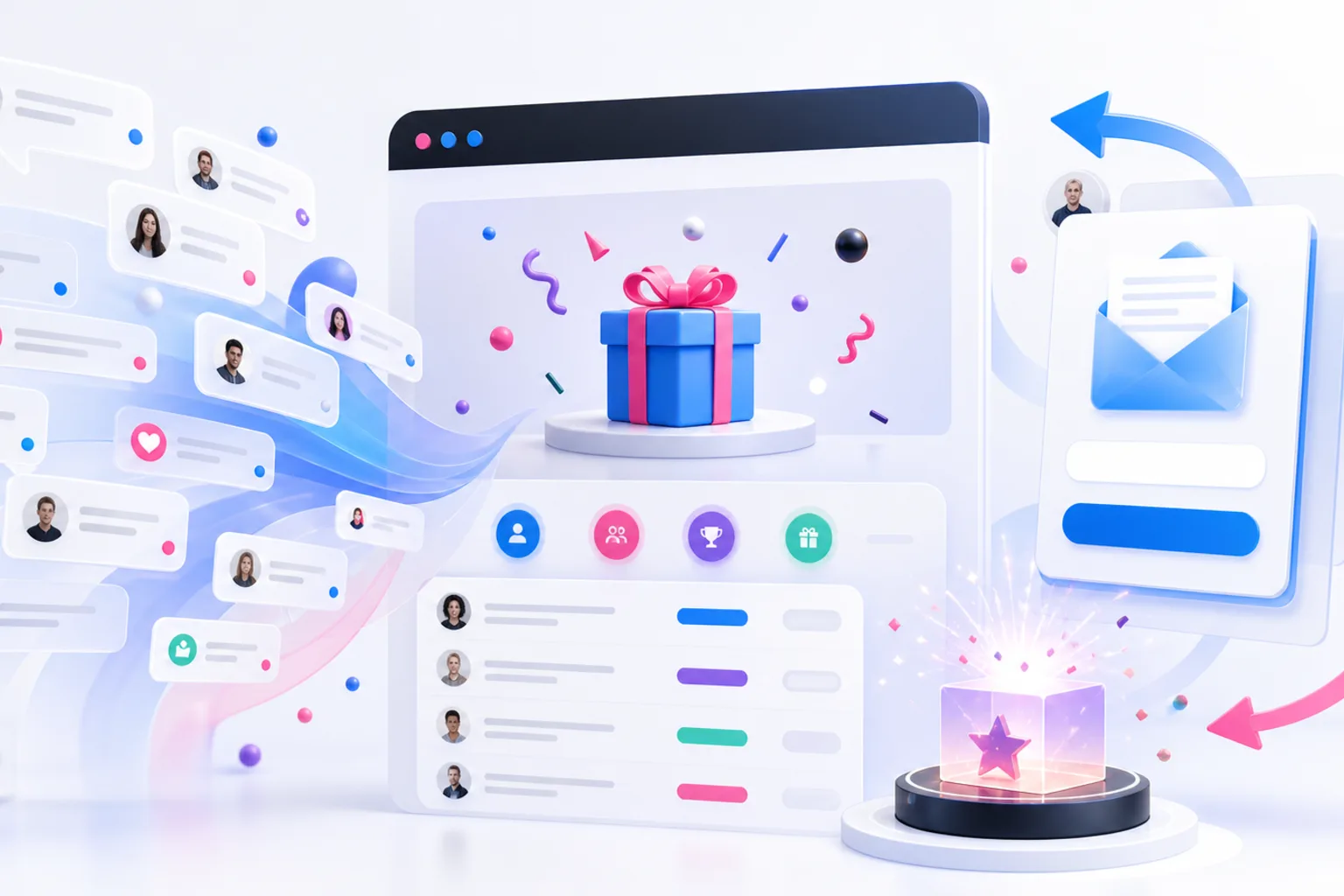 A KickoffLabs-style comment giveaway funnel from social engagement to email capture, referral sharing, and winner selection.
