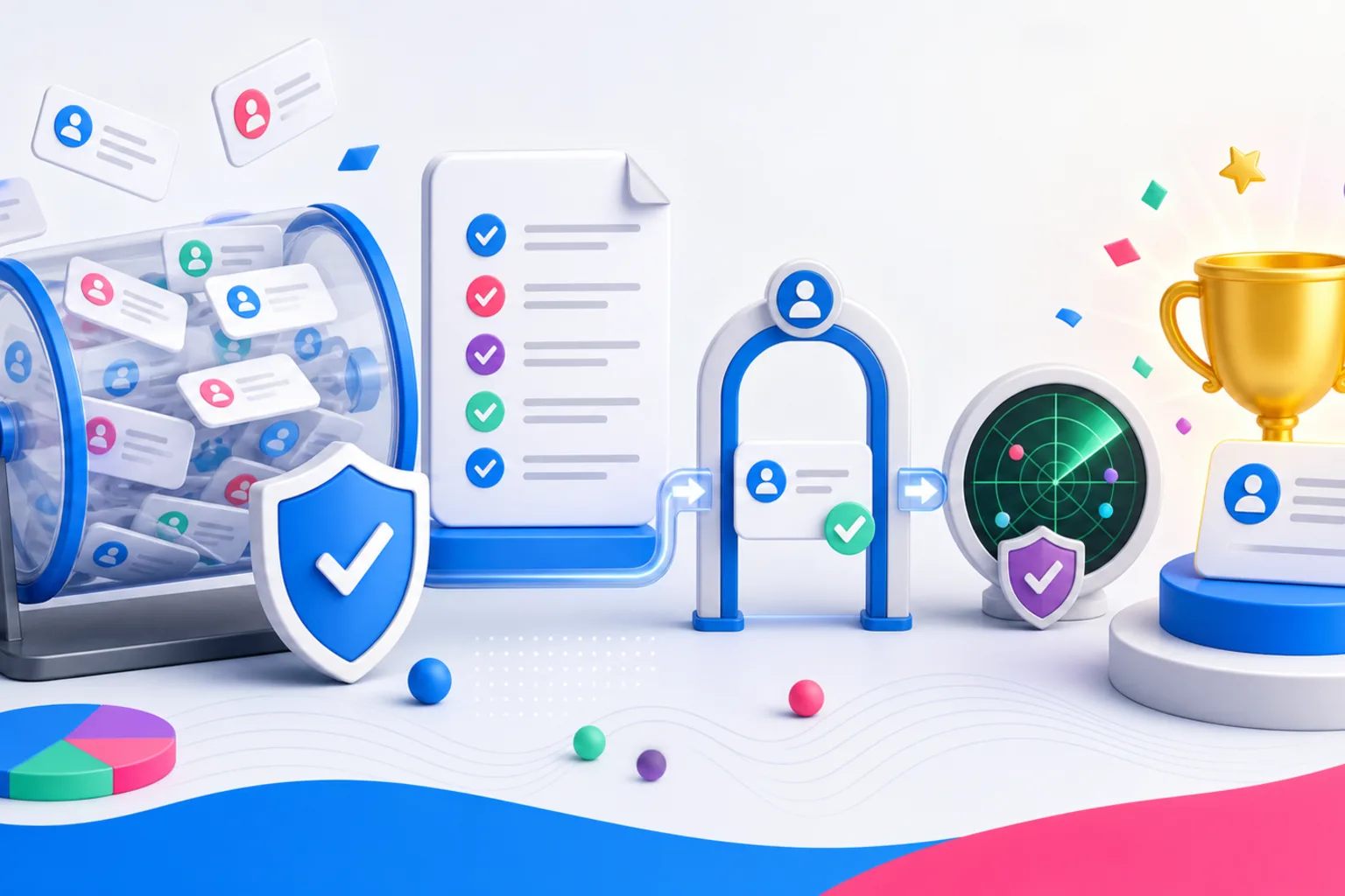 A KickoffLabs-style fair winner selection and compliance visual with randomized entries, rules, eligibility, and fraud checks.