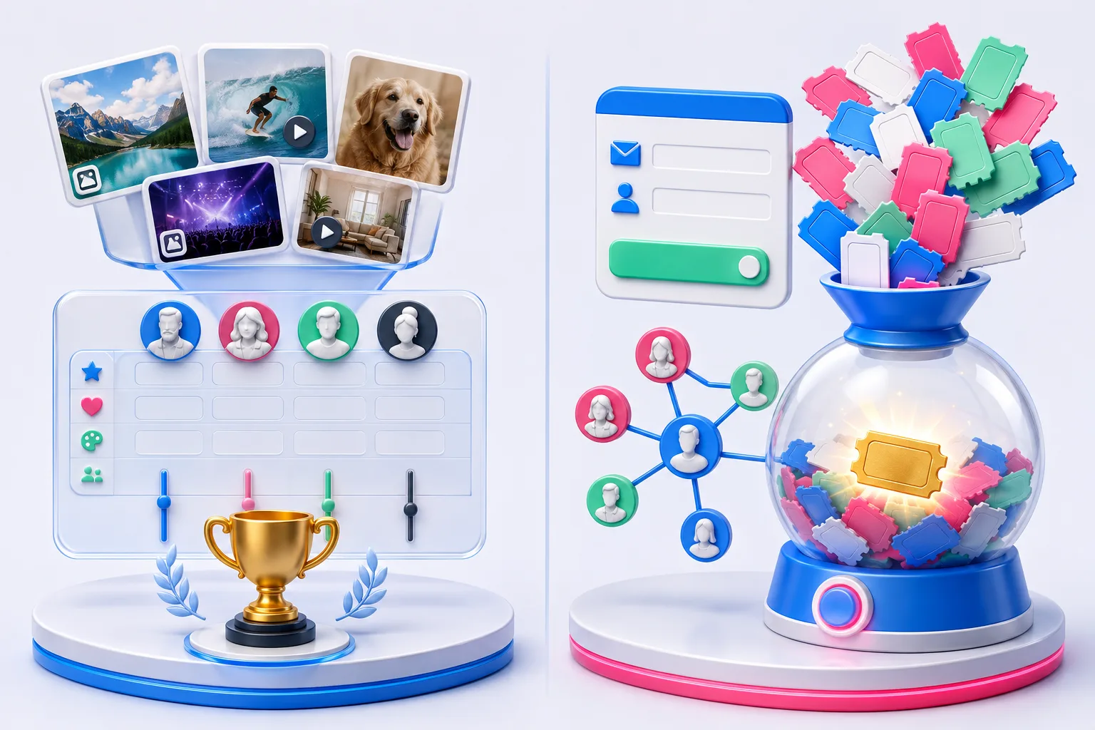 Side-by-side campaign systems for judged skill submissions and a random-draw giveaway with referral entries.