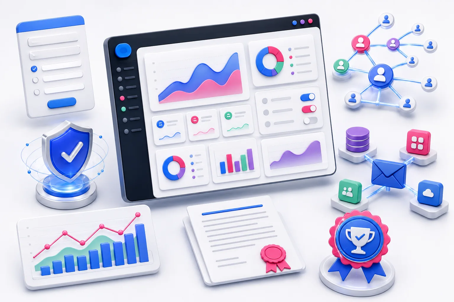Contest software evaluation scene with entry, fraud, referrals, integrations, analytics, rules, and winner verification.