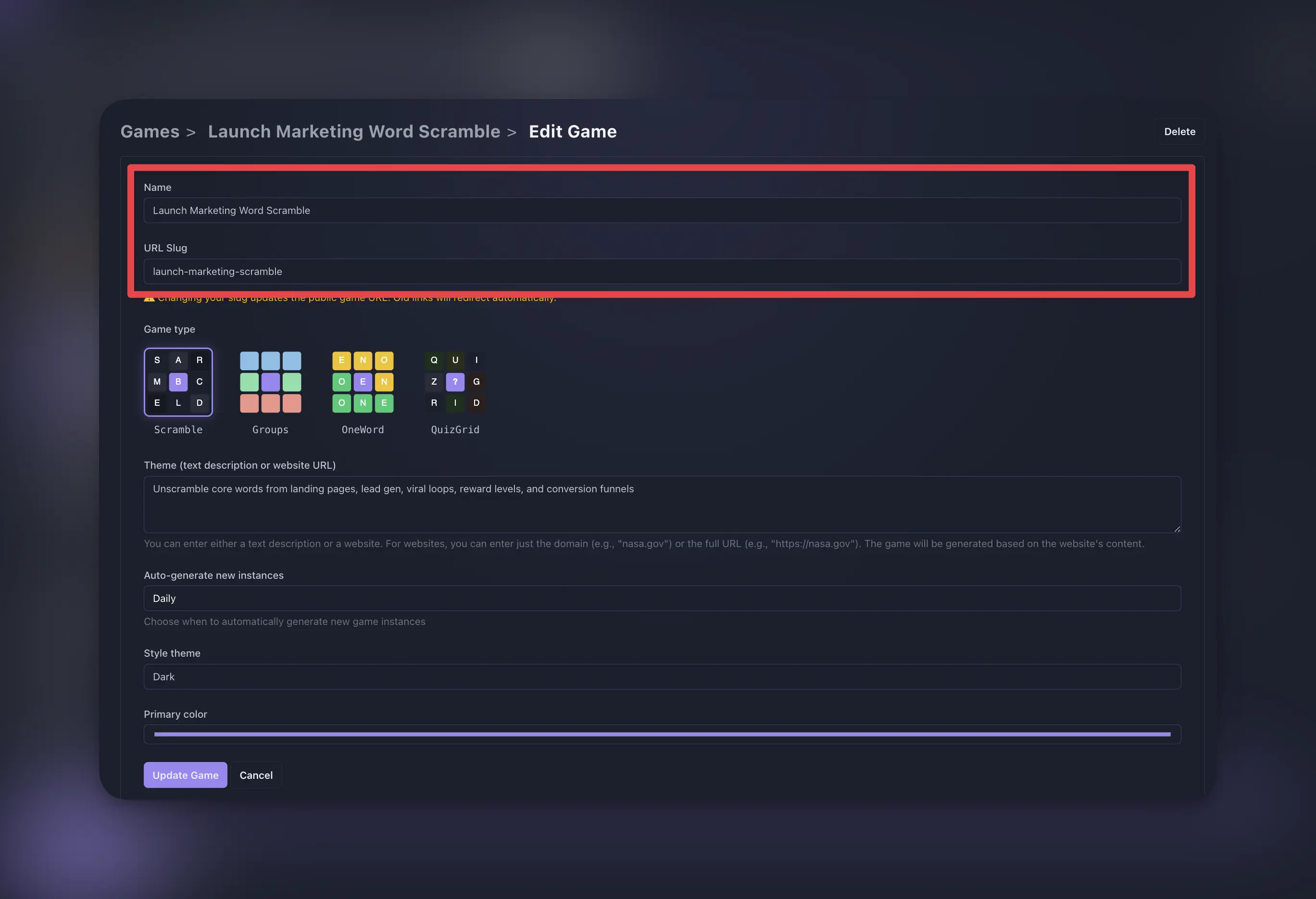 customize game title and url