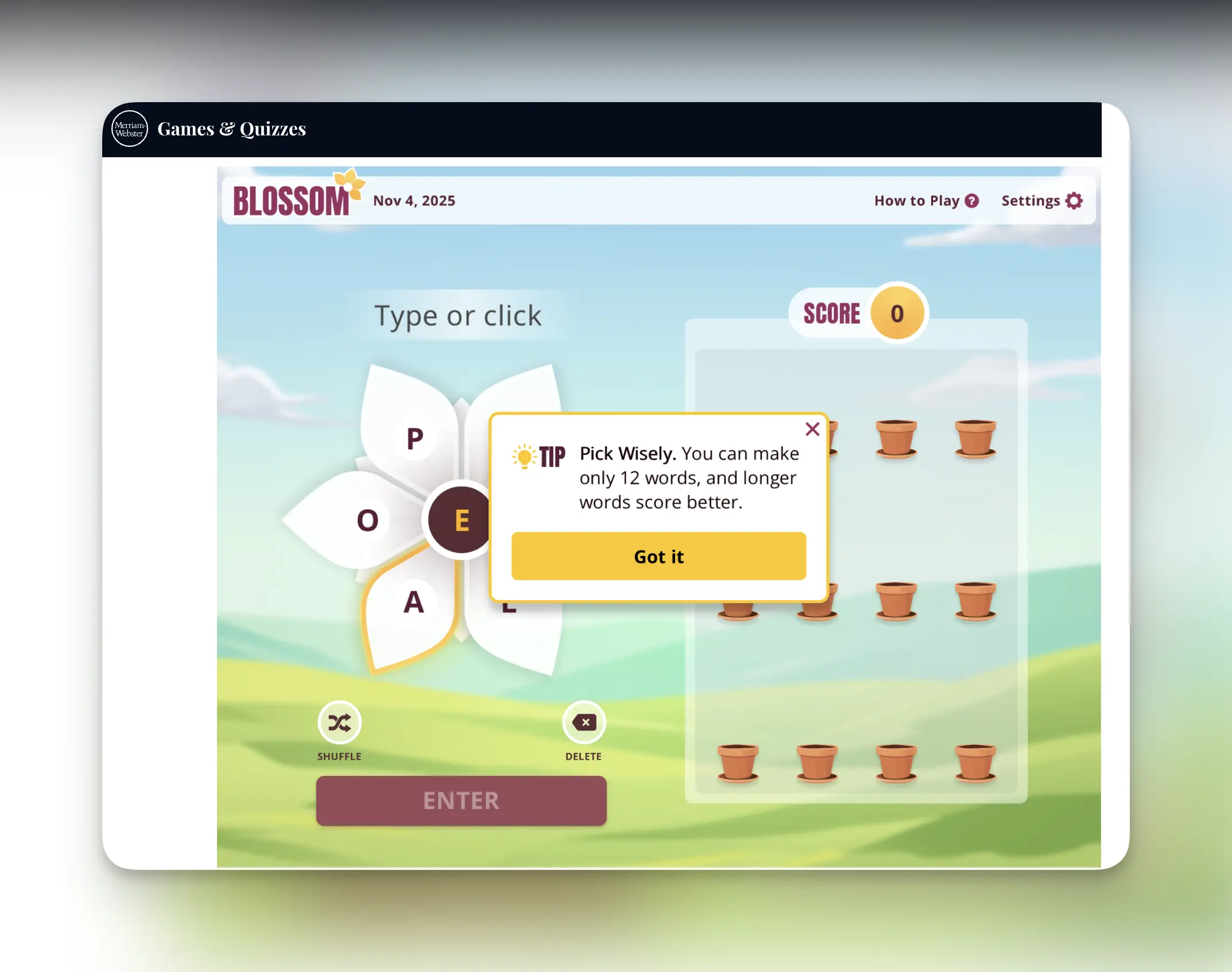 Meriam Webster Blossom word game