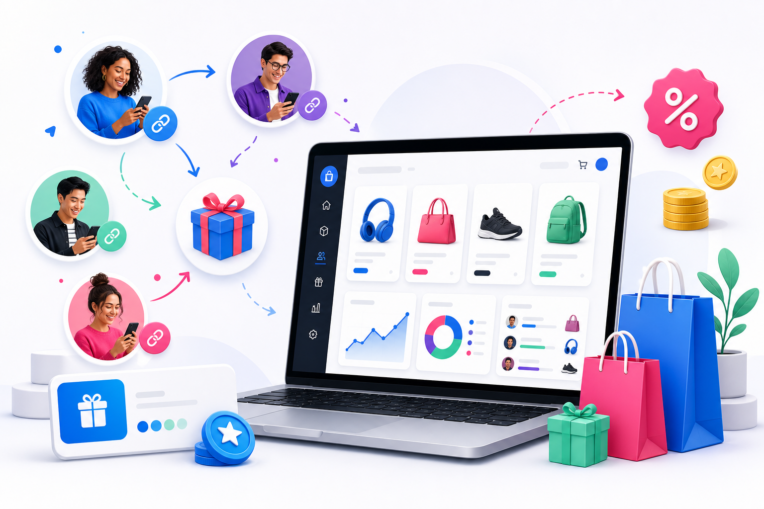 E-commerce referral marketing dashboard illustration