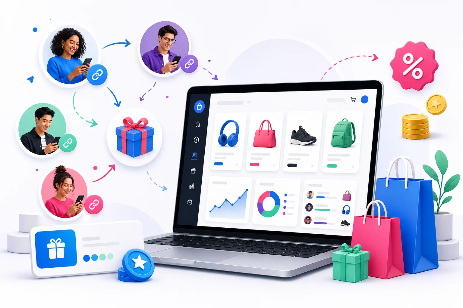 E-commerce referral marketing dashboard illustration