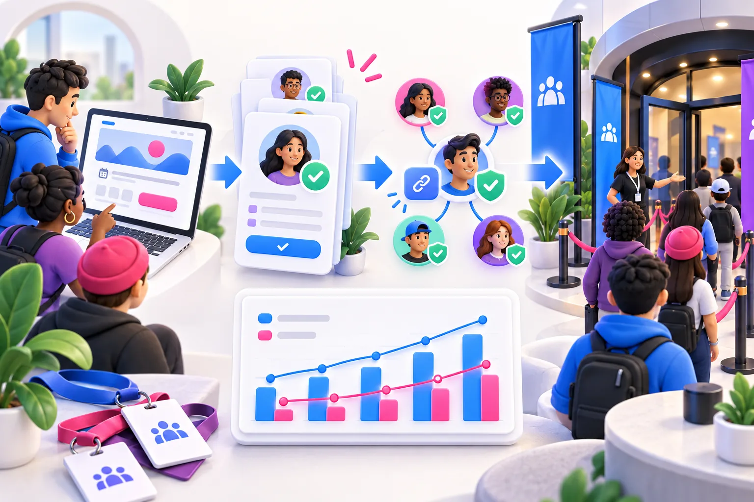 An event funnel from registration-page visitors to confirmed RSVPs, referred guests, and people checking in, alongside an attendance comparison chart