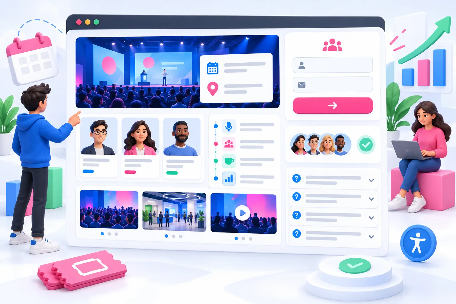 A wide event registration page interface showing the hero, agenda, speakers, proof, short form, FAQ, and accessibility areas