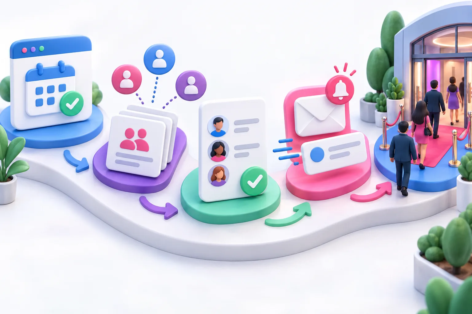 A five-stage event promotion journey from RSVP page through invitations, registrants, external email reminders, and venue attendance