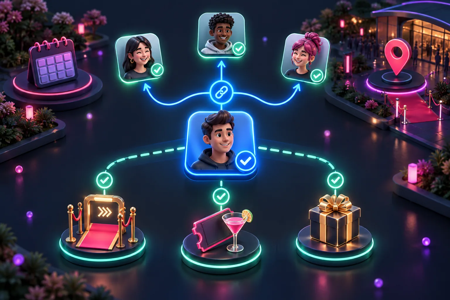 A dark event referral dashboard showing a confirmed attendee inviting friends and unlocking event perks