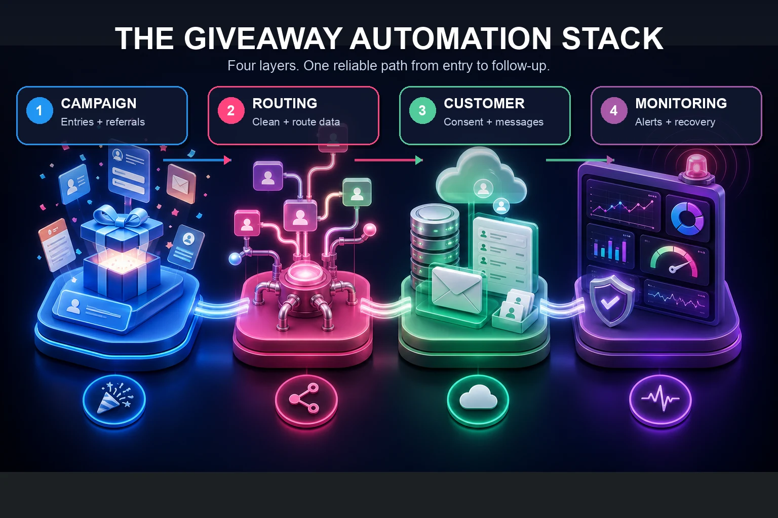 The giveaway automation stack: campaign, routing, customer system, and monitoring layers connected from entry to follow-up.