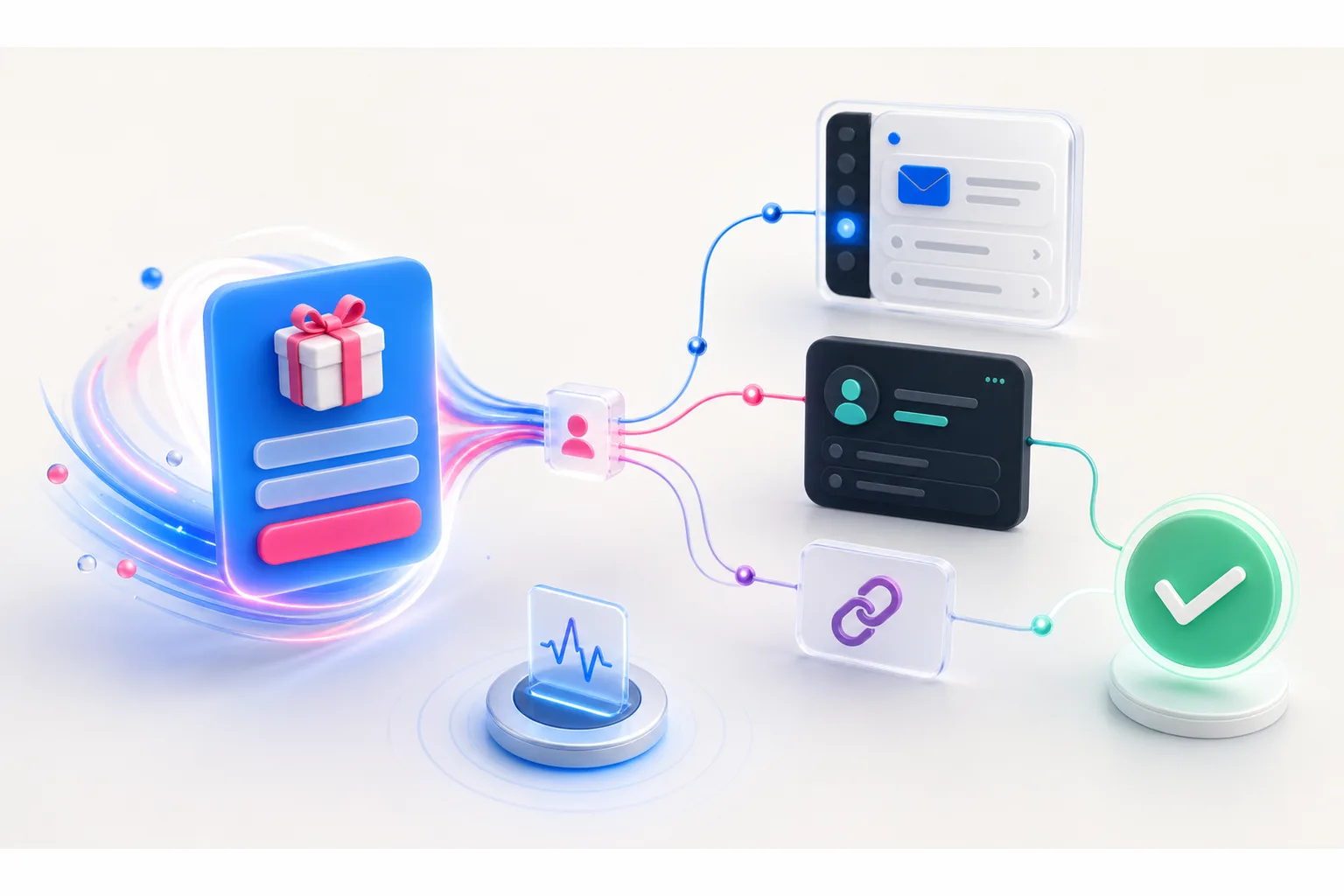 A premium KickoffLabs campaign automation scene connecting giveaway entries to email, CRM, and referral follow-up.