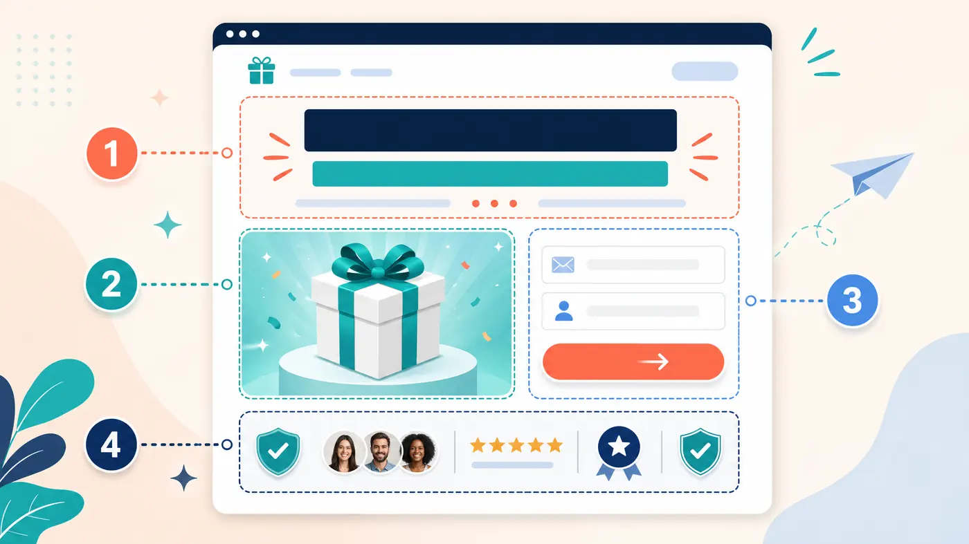 Diagram of a high-converting giveaway landing page showing four must-have elements above the fold: a bold prize headline, a prize image, a short entry form with CTA, and visible trust signals.