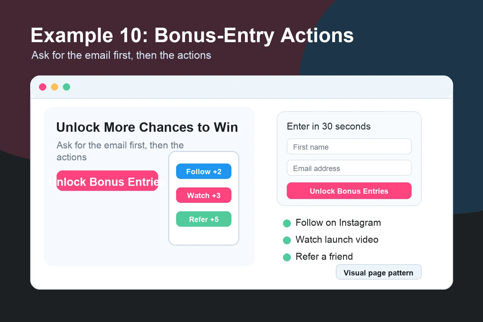 Visual example of a bonus-entry actions page where visitors enter first, then unlock optional social and referral actions.