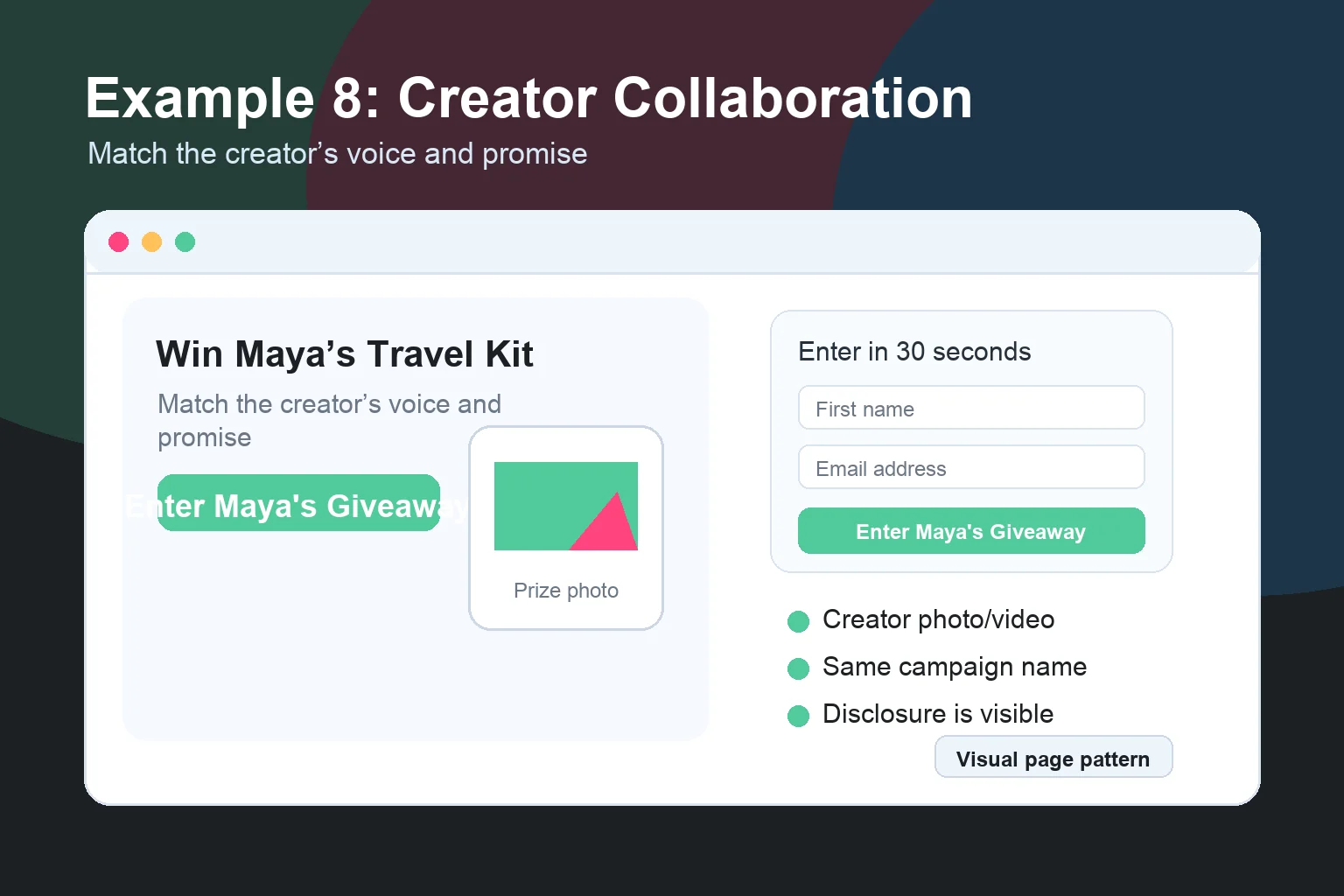 Visual example of a creator collaboration giveaway page that carries through the creator voice, prize promise, and disclosure.