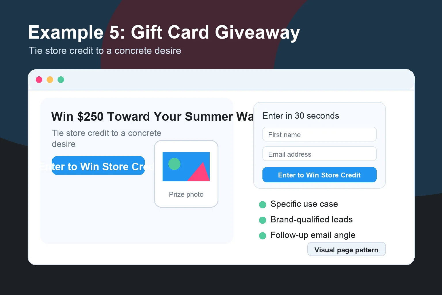 Visual example of a gift card giveaway page that connects store credit to a specific shopper outcome.