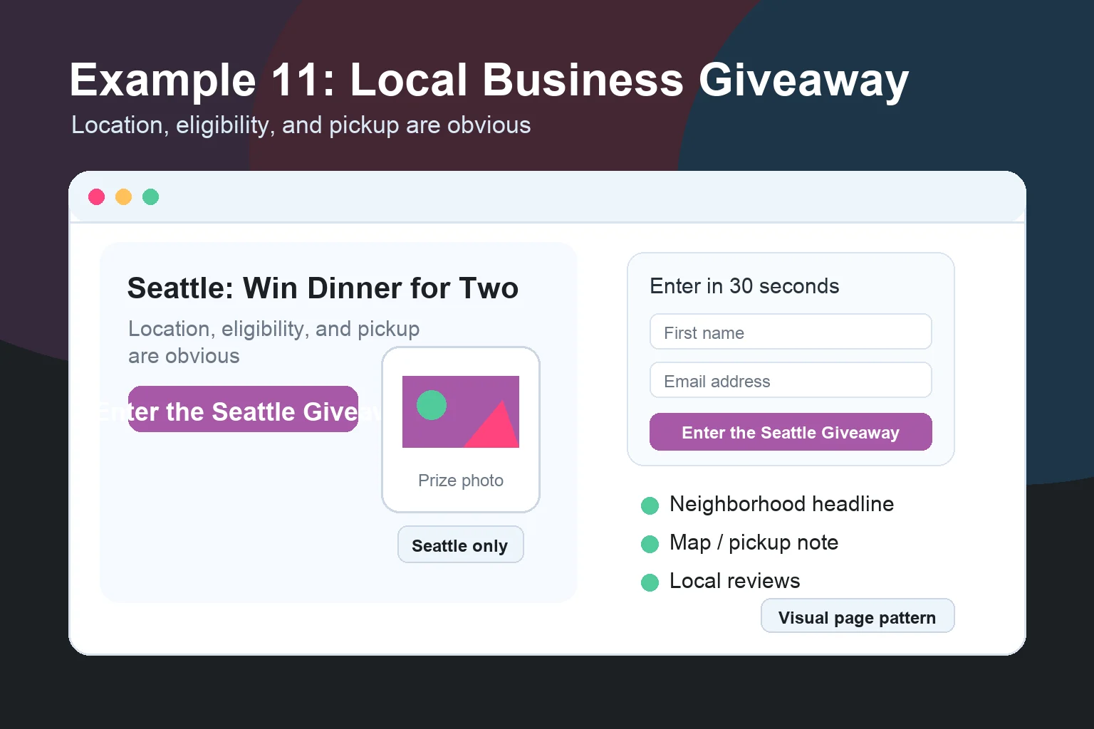 Visual example of a local business giveaway page with city-specific headline, pickup or eligibility note, and local trust signals.