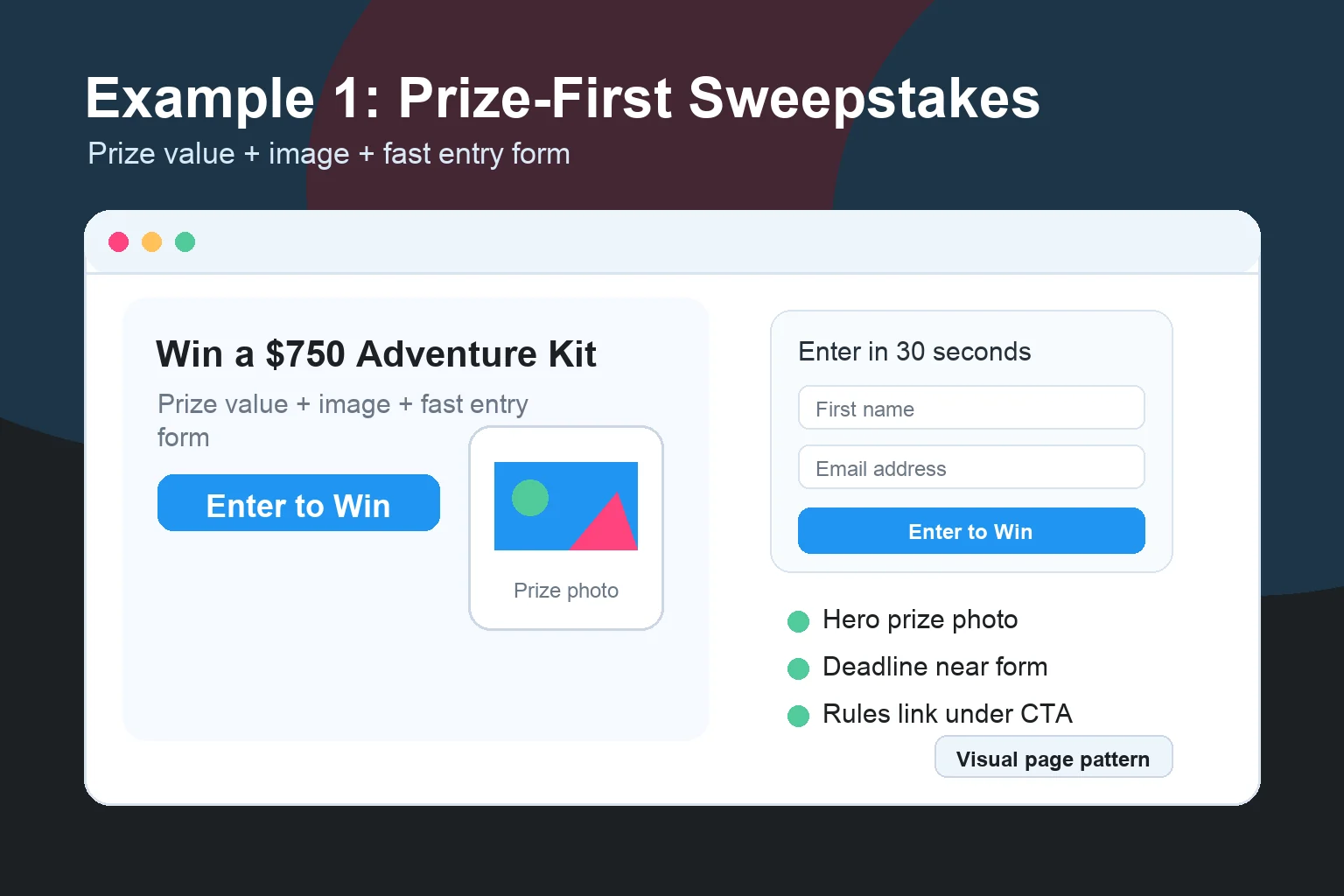 Visual example of a prize-first sweepstakes landing page with a clear value headline, prize image, two-field entry form, deadline, and rules link.