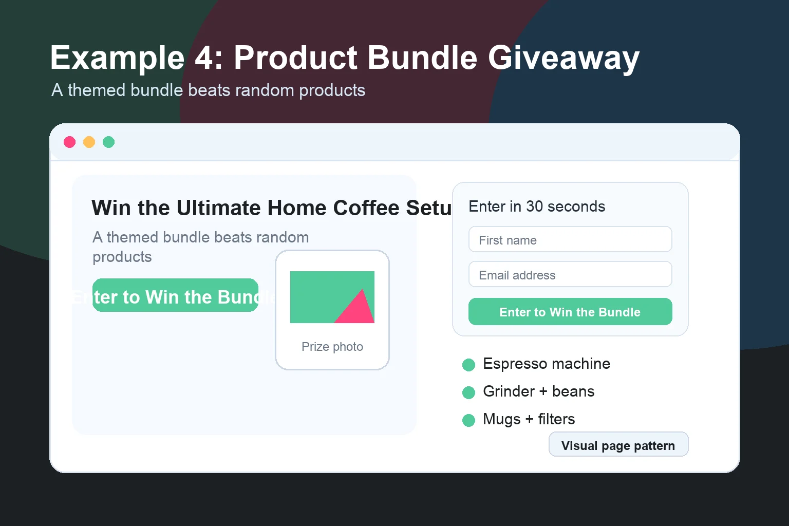 Visual example of a product bundle giveaway page showing a themed prize bundle, value-focused copy, and entry form.