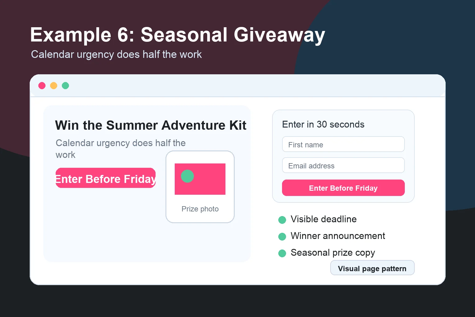 Visual example of a seasonal giveaway page with a calendar-specific headline, countdown urgency, and winner date.