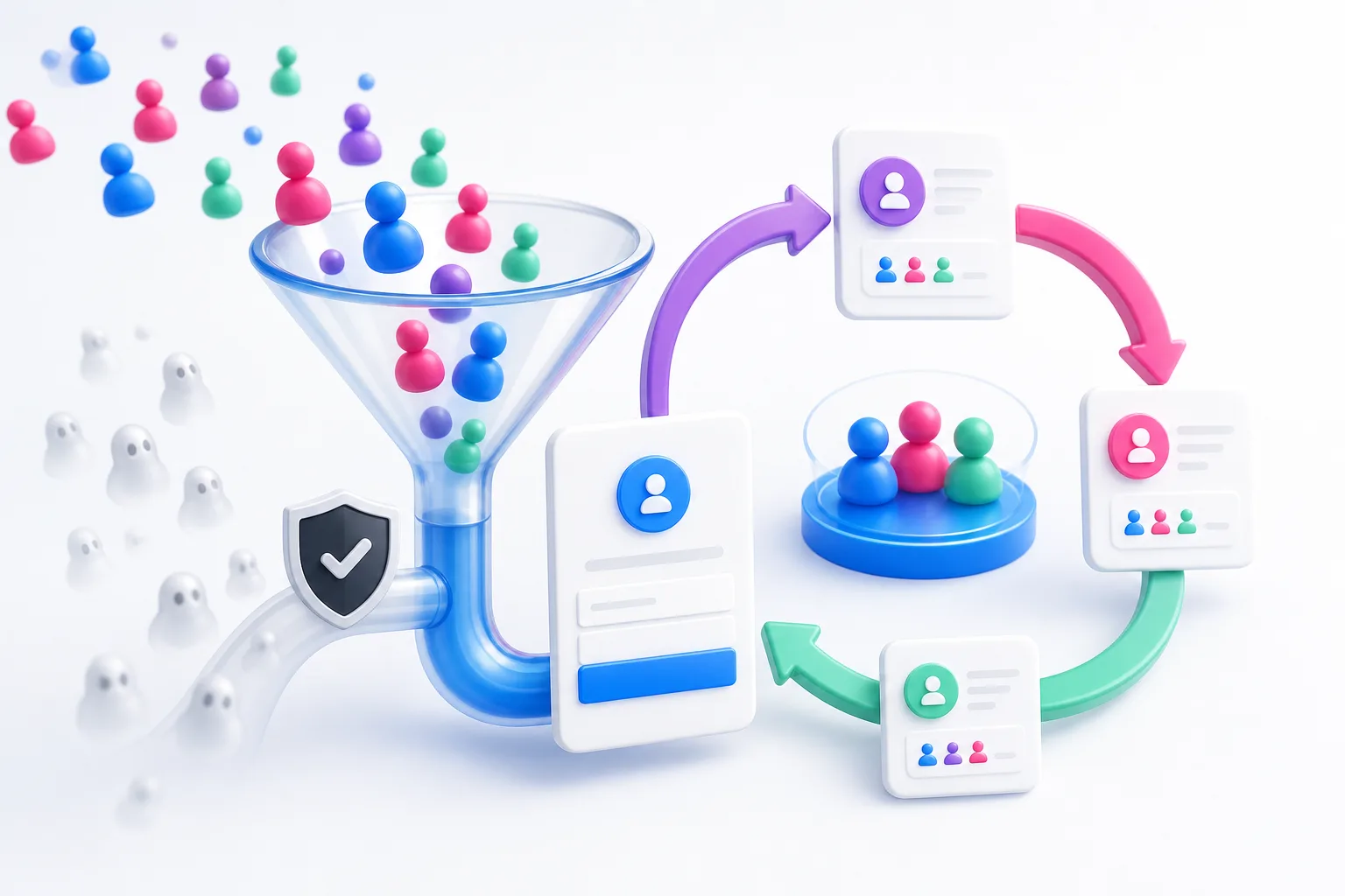 KickoffLabs-style qualified giveaway lead funnel showing entrants filtered into a referral growth loop