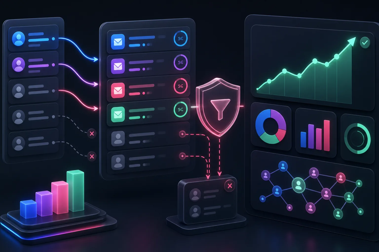 Referral quality dashboard showing segmentation, fraud filtering, referral arrows, and growth signals