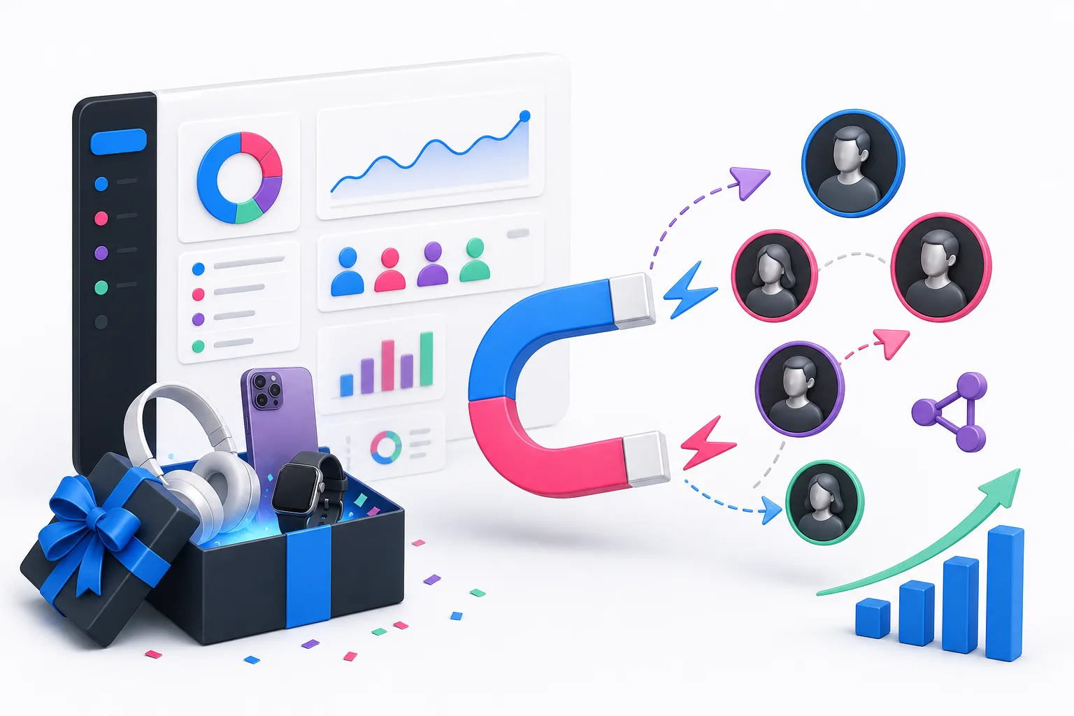 A KickoffLabs-style giveaway prize strategy dashboard showing buyer fit, referrals, and growth