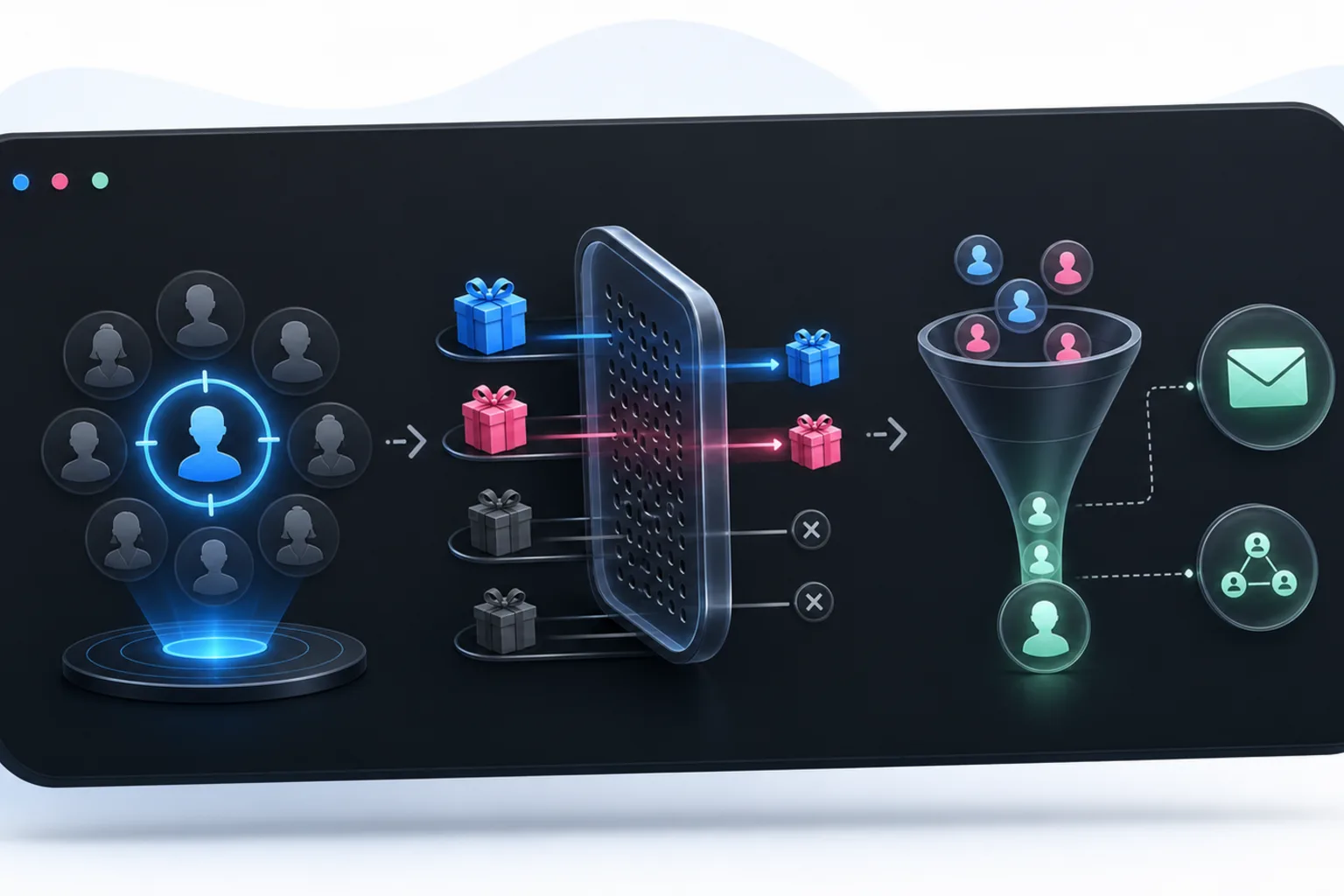 A three-part prize fit framework showing ideal customer targeting, prize filtering, and qualified leads entering a campaign funnel