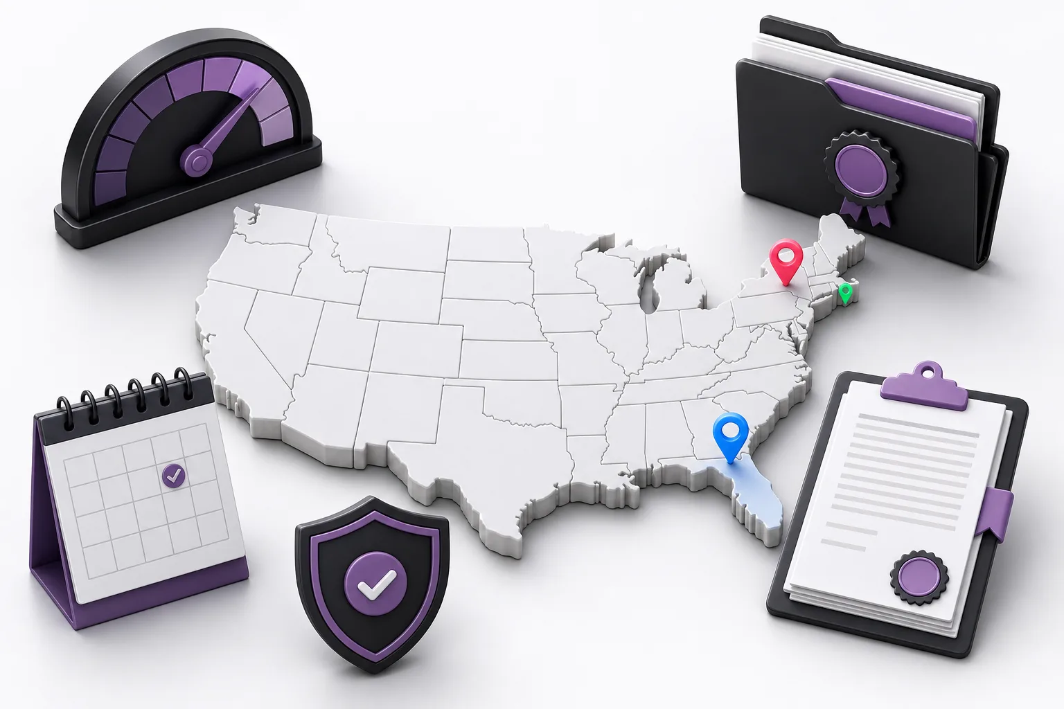 An abstract U.S. map with compliance checkpoints for prize value, registration, bonding, rules, and winner records.